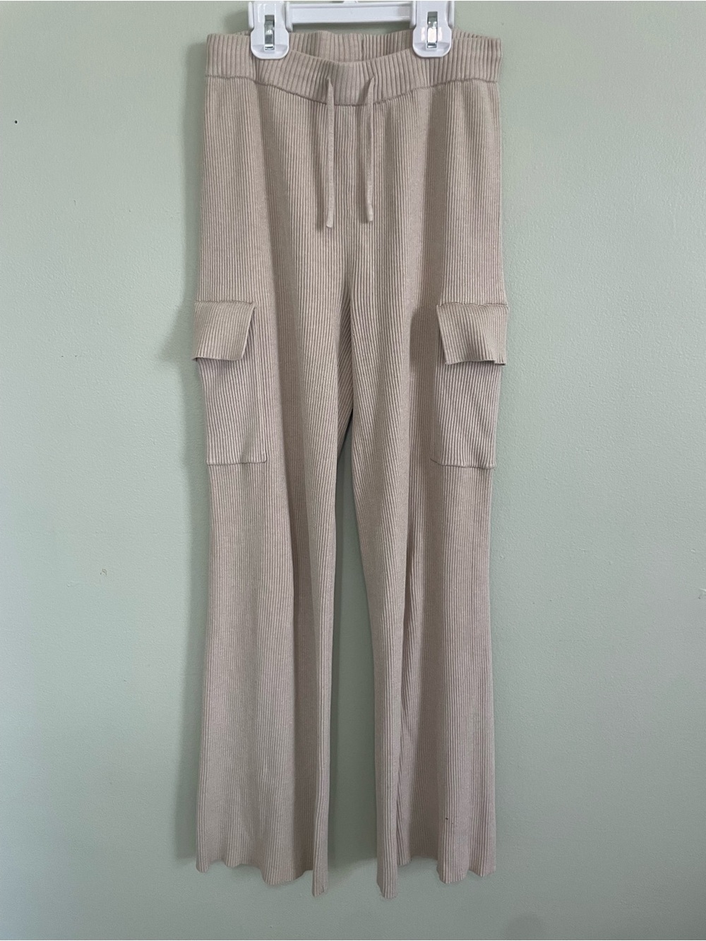 Pink Rose Ribbed Wide-Leg Cargo Pants - Beige